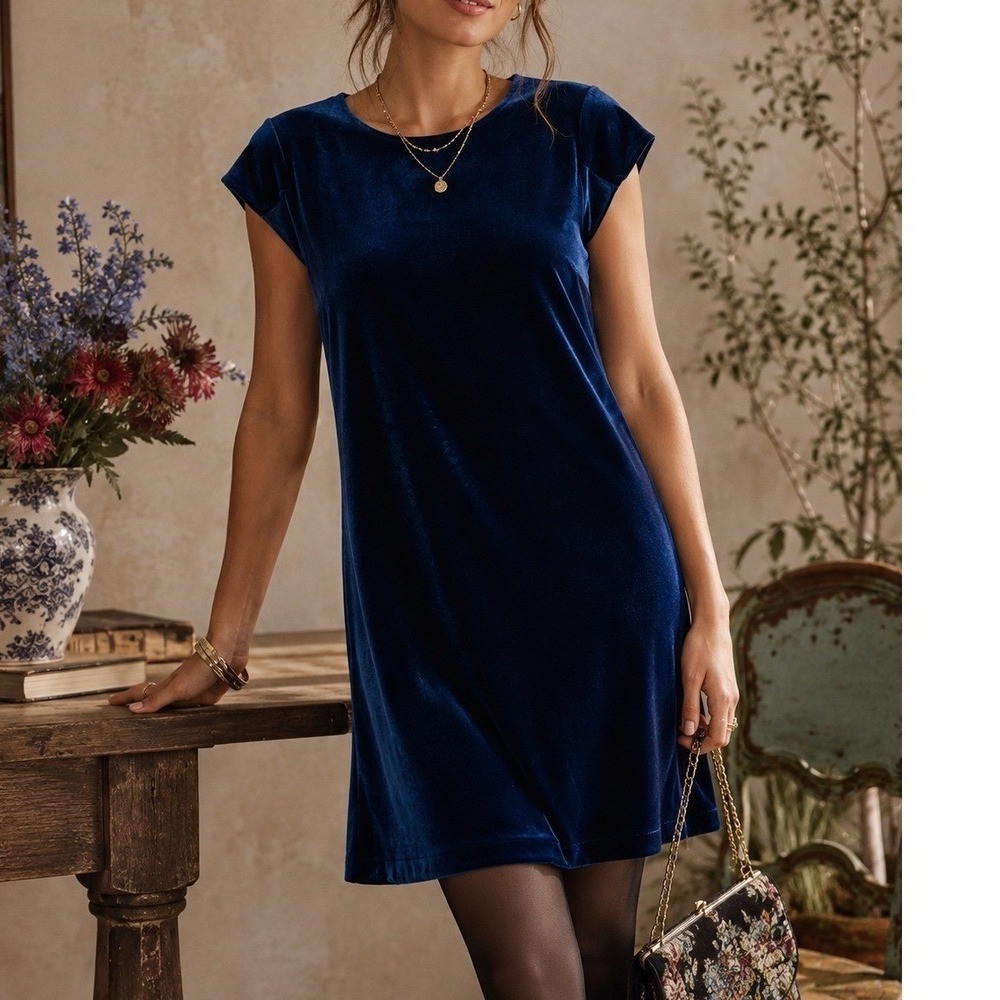 Cynthia Rowley Velvet Shift Dress Women Medium Blue Excellent Flutter Cap Sleeve
